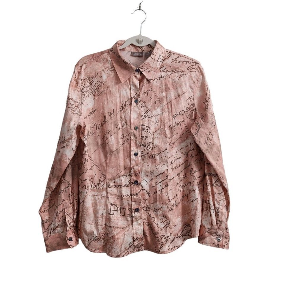 Chicos Blouse 2 Large Polo Top Pink Postcard Letter Mail Design Long Sleeve